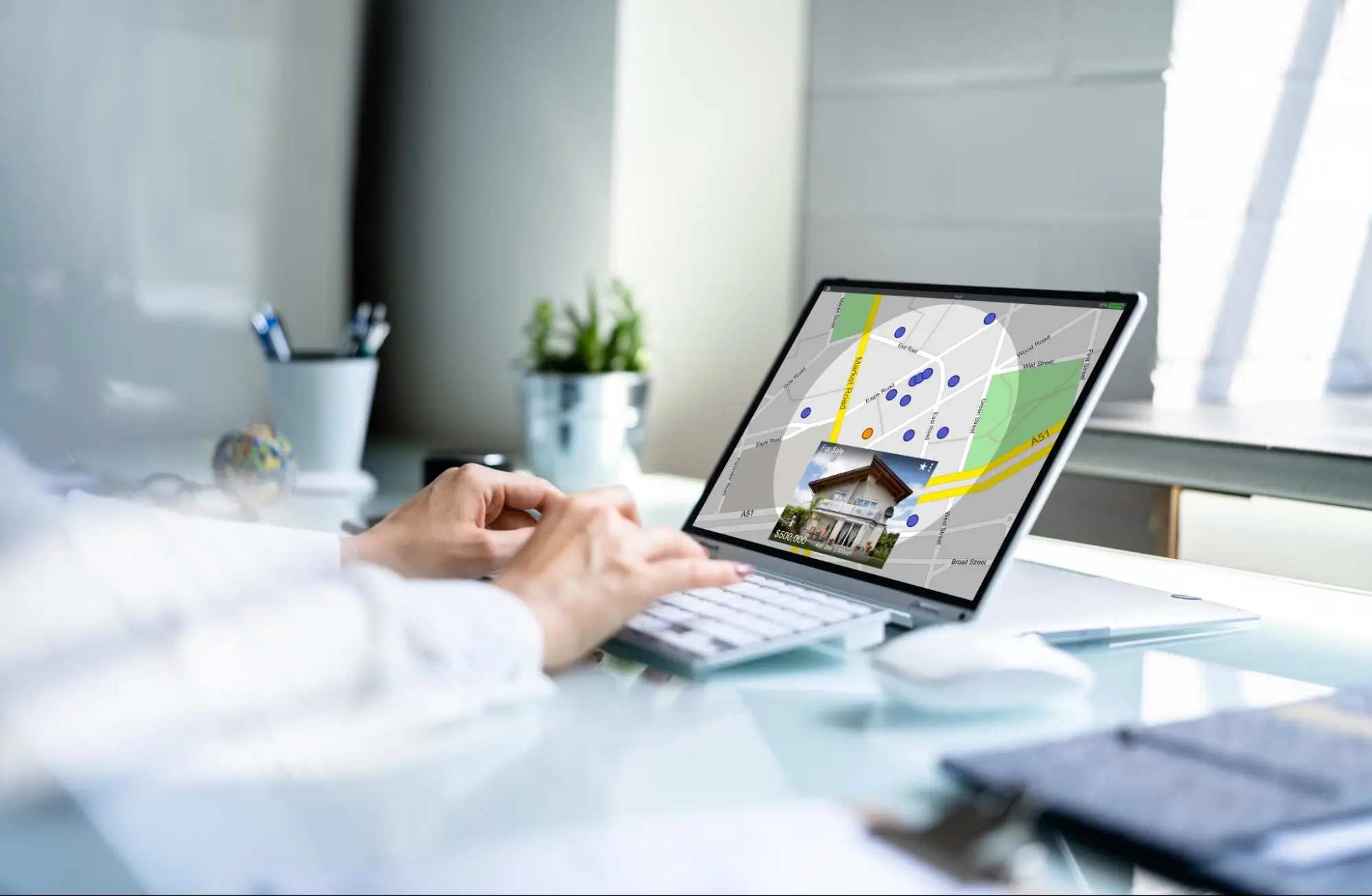 The home on the background of the map shows how using real estate SEO can help buyers zero in on the right home for them.