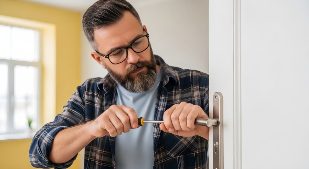 DIY man using a screwdriver to install a door handle, illustrating the impact small repairs can have on your house price.